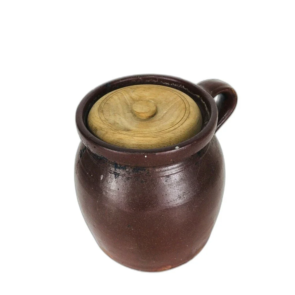 Antique Late 1800s Farmhouse Slip Glazed Stoneware Crock With Handle & Wood Lid